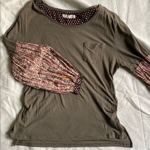 Free People Boho Long Sleeve Top Women's Olive Green Top with Floral Sleeves